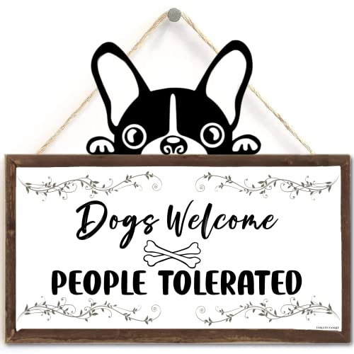 TOMATO FANQIE Funny Dogs Welcome Sign, Welcome People Tolerated Hanging Wood Sign 10 X 11 Inch, for Home Decoration in Pet Shops, Decoration for Black Dog Rooms, Gifts for Dog Lovers (US-G122)