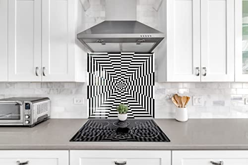 Myphotostation Black and White Tempered Glass Backsplash 60WX40H'' Geometric Splashback for Kitchen Decor Bathroom Wall Protector Oven Backsplash Panel Tile Glass Stove Splashback Kitchen Decor