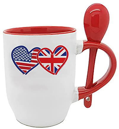 American Flag/Union Jack Flag Hearts, Funny Birthday, Christmas, Friendship Day Gift Tea Mug Unique Spoon Ceramic Mug. (Red Spoon)