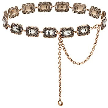 TOPACC Glitzernder Kettengürtel Western Metall Concho Vintage Kristall Stein Taillenketten für Frauen Bronze Kleider Cowgirl, Length 51 (34+extended chain 17), Leder