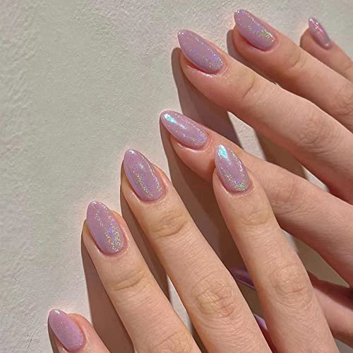 24pcs Short Almond False Nails Purple Glitter Stick on Nails Press on Nails Removable Glue-on Nails Full Cover Acrylic Fake Nails Women Girls Nail Art Accessories