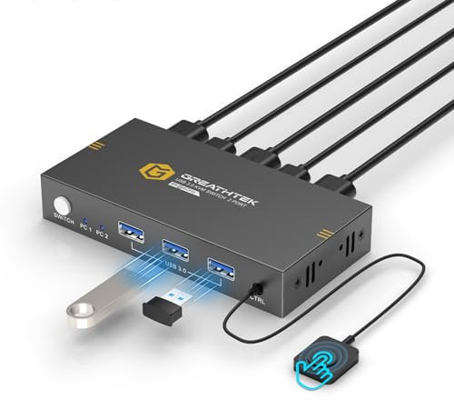 GREATHTEK KVM Switch 2 Port 8K@60Hz HDMI, USB 3.0 Hubs, 2 Computers 1 Monitor, Keyboard Mouse Printer Sharing, Black, Button Switch, Desktop Remote Control, Plug and Play