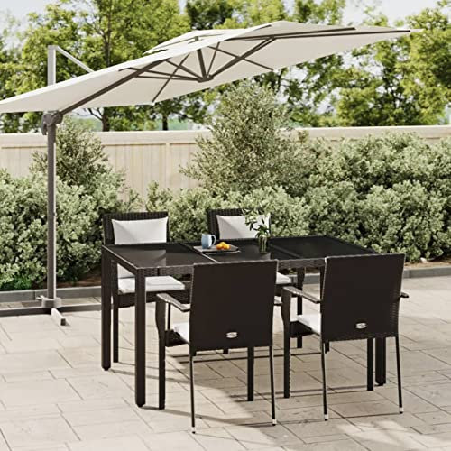 Yolola 5 teilig Garten Sitzgruppe Poly Rattan Gartenmöbel Set 4 Personen Essgruppe Gartentisch mit Stühle Stapelbare Gartengruppe Sitzgarnitur Gartengarnitur Terassenmöbel Schwarz