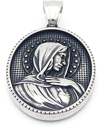 Bungsa Kettenanhänger Amulett Medallion heilige Motive 3D Effekt Silber aus Edelstahl Unisex - Herz-Jesu-Maria (Madonna)