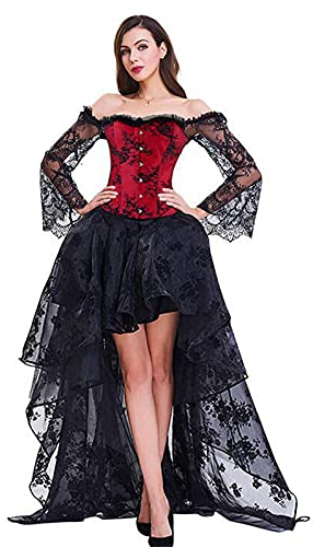 Costume long avec jupe de fête à deux décolletés, jupe de costume, robe sexy en dentelle, coupe médiévale et calices en plastique, rouge, XL