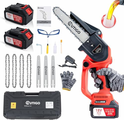 OUTIGO Tronçonneuse à batterie, Tronçonneuse, Tronçonneuse 8 pouces, Tronçonneuse 6000mAh, MINI Tronçonneuse sans fil, 4 chaînes+3 barres de guidage de chaîne, Tronçonneuse électriqu