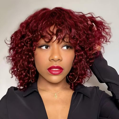 Perruque Bresilienne Cheveux Humain avec Frange Culry Perruque Sans Colle Bouclée Vin Rouge Perruque Femme Naturel No lace Bob Wig Human Hair with Bangs(99j)