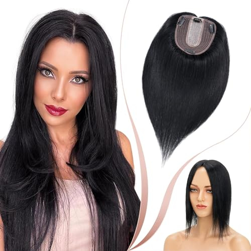 Elailite Hair Topper Echthaar, Toupet Damen, Clip in Haarteil, Haartopper Basis 10x12cm, 45cm #1 Schwarz