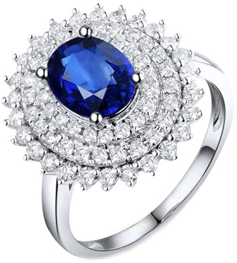 Paarringe Verlobung, Modeschmuck Ringe Blau 18 Karat Weißgold Blume Lab Saphir 1.57CT Ovalschliff VVS mit Diamant 0.79CT Weiß Größe 57 (18.1) Gravur