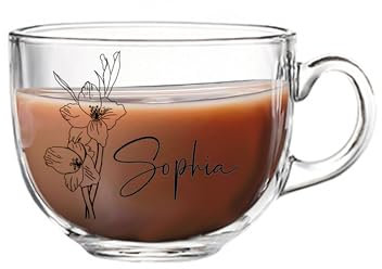 Tasse à café personnalisée en forme de fleur de naissance Tasse à café en verre avec nom personnalisé Tasse à boire transparente Cadeau d'anniversaire Cadeau de mariage Cadeau de demoiselle d'honneur