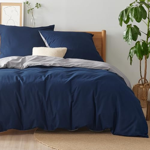 BEDSURE Bettwäsche 155x220 Baumwolle 3tlg. - Blau/Grau Set 2x80x80 Kissen | 100% Baumwolle Bettwäsche-Sets mit Reißverschluss, OEKO-TEX Zert, Weich, Sicher, Atmungsaktiv, Hautfreundlicher Komfort
