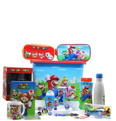 Super Mario Gift Set for Kids Includes 2 in 1 Bubble Bath & Shampoo, Toothbrush, Toothpaste, Toiletry Bag, Storage Click Box, Water Bottle, Bumper Gift Set, Stationery Set and Badge Pack