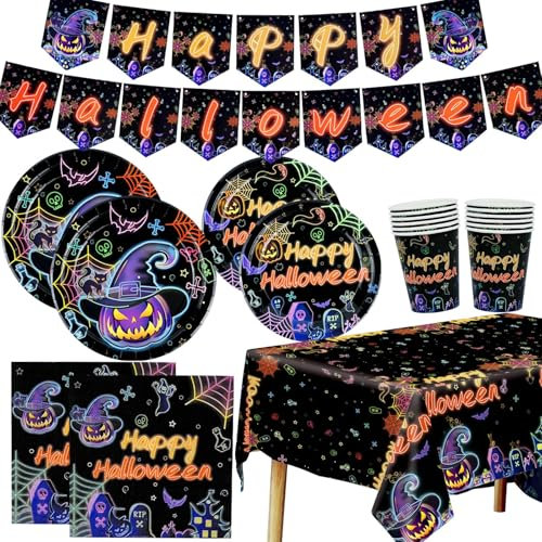 MORAINJAY Juego de vajilla de fiesta de Halloween de neón de 54 piezas, juego de vajilla de fiesta de Halloween brillante con mantel, platos, servilletas, tazas, pancartas para decoración de mesa de