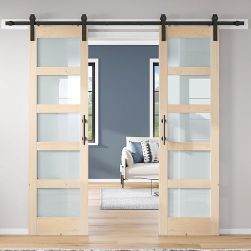 ROYMELO Double 24×84 inch Glass Sliding Barn Door Slab with 8ft Hardware Kit Included, 5-Panel Frosted Glass, Spruce Wood Support DIY Dyeing, Easy Assembly