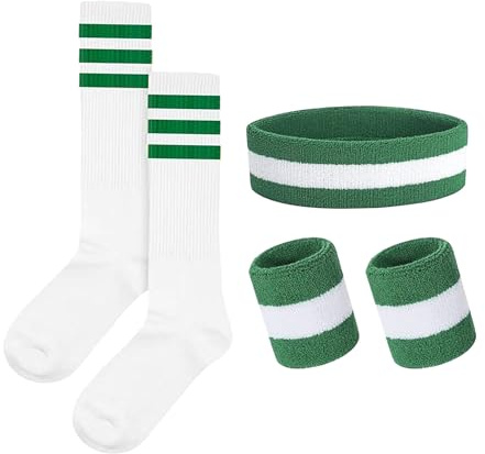 Werownsgso 5 Stück Gestreifte Schweißbänder, 80er Jahre Outfit Damen Accessoires mit Gestreiftes Stirnband Wristbands Socken, Sport Stirnbänder Set für Fitness Sport Retro Party