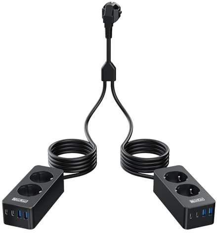 Alargador Enchufe Doble con 2 Regletas Independientes (2x2m) – Solución para Habitaciones con Pocos Enchufes – Enchufe Múltiple con 4 Tomas AC, 4 USB-A y 4 USB-C – Ladron 2 Enchufes
