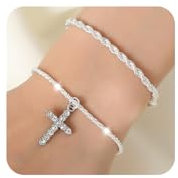 XSDSLS 2 Pcs Cross Bracelets for Women Silver Gold Cross Bracelet Twist Rope Chain Bracelet Stackable CZ Cross Pendant Adjustable Bracelets Birthday Jewellery Gift for Women Girls (Silver)