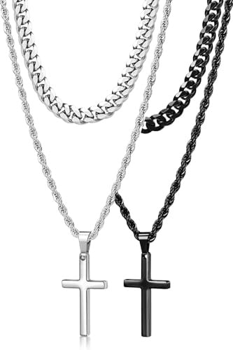 Romass 4Pcs Cross Necklace for Men Teen Boys,Stainless Steel Chains for Men Layered Necklaces Silver Gold Black Pendant Jewelry Box Gifts 18-24 Inches