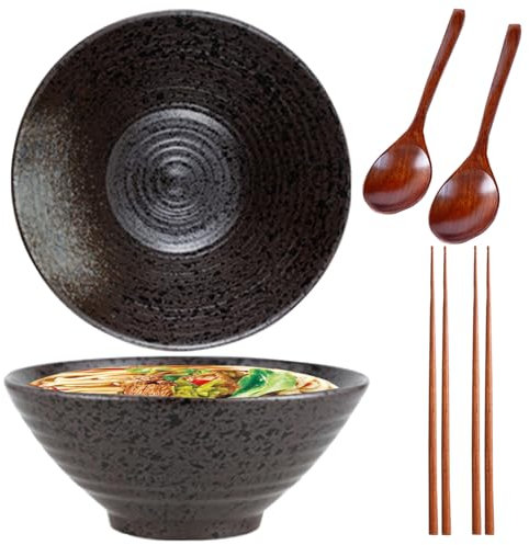 Sightday Lot de 2 bols à ramen de 1500 ml, bol à nouilles (bol à ramen avec cuillères à ramen, baguettes), bol en céramique pour pâtes, collations, soupe, salade, céréales, grand bol (noir)