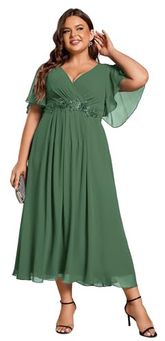 Ever-Pretty Plus Size Women's Breathable Wedding Guest Dress Short Cap Sleeves with Delicate Applique Elegant Mother of The Bride Outfits Eucalyptus Green 22UK