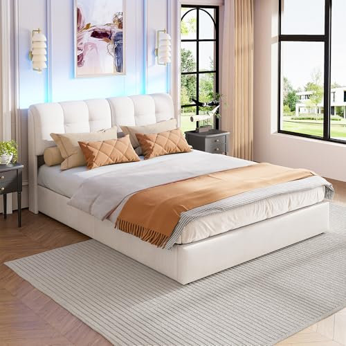 Gepolstertes Doppelbett 140x200 cm, Kopfteil mit gepolsterter Rückenlehne, Bettrahmen mit Holzlattenrost, Jugendbett mit LED-Lichtleiste, Stauraum unter dem Bett, Hydrauliksystem, Samt, ohne Matratze