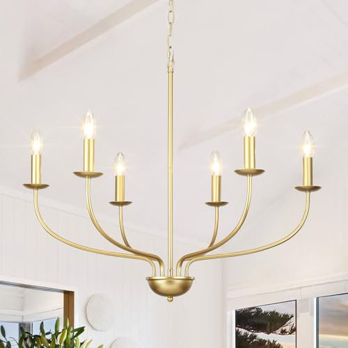 LWYTJO Gold Chandelier 6 Lights, Modern Chandeliers Ceiling Light, Gold Light Fitting Pendant Lighting for Living Room, Dining Room, Kitchen, Bedroom, Hallway, Height Adjustable