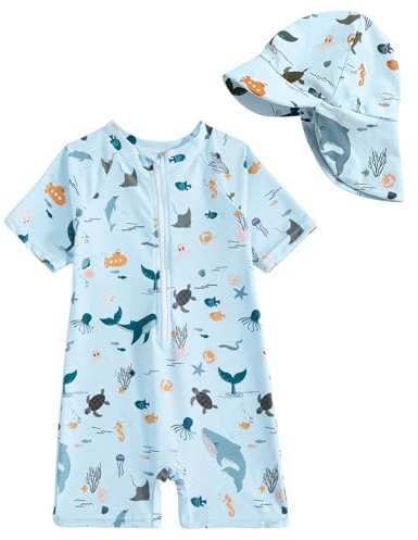 WYTbaby Maillot de bain pour bébé - Vêtement UV - Une pièce - Manches courtes - Protection UV - Pour bébé garçon - Avec chapeau de soleil