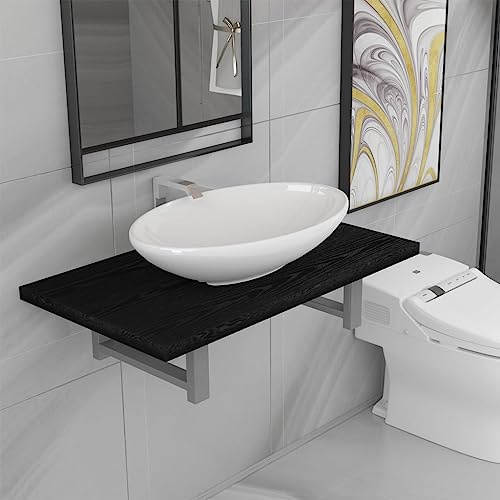QJBSAVVA Set Mobili da Bagno Salvaspazio con Mensola a Muro e Lavabo Ovale in Ceramica Nero e Bianco Dimensioni 60x40 cm per Bagno Lavatoio Toeletta