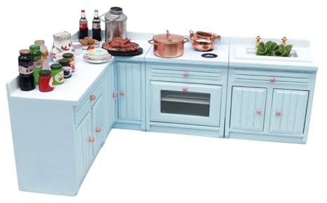Ruarby Detailliertes 1/12 Puppenhäuser Küchenschrank Modell Holz Küche Kochen Arbeitsplatte Herd mit funktionierenden Türen Miniatur-Set