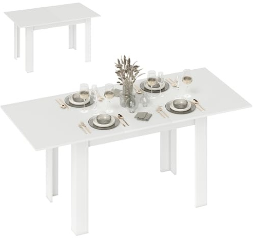 HOMCOM Tavolo da Pranzo Allungabile per 6-8 Persone, Bianco | Pannelli a Ribalta, Tavolo da Cucina Allungabile in MDF, per Sala da Pranzo, Soggiorno, 140-180x80x75 cm