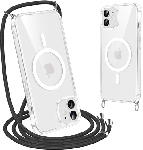 Olgary Coque pour iPhone 12 avec Cordon de Collier, [Compatibel mit Magsafe] Noire Magnétique Antichoc Housse avec Corde Réglable Téléphone Étui Portable Lanyard Case-Noir