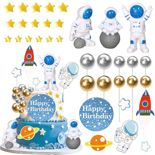 31 Stück Weltraum Thema Tortendeko Outer Space Cake Toppers 3D DIY Astronaut Kuchen Deko Glitzer Kugel Cupcake Dekorationen für Baby Dusche Geburtstag Party Kuchen Dekorationen