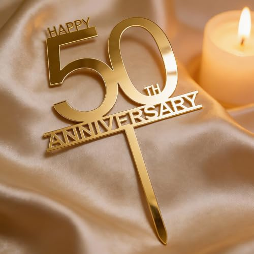 Gold Happy Anniversary Cake Topper for Celebration (50th Anniversary) | Gold design,Premium acrylic material,Simple and elegant style,Versatile cake and party decoration