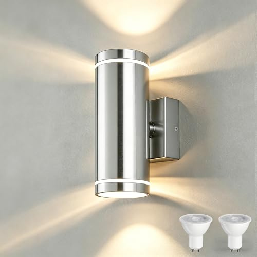 YOVGQOLV Außenlampe Wand Up and Down IP65 GU10 230V,Silber 1 Stück | Edelstahl IP65 Wasserdichte Wandleuchte Aussen mit 2×5W 3000K Warmweiß GU10 Glühbirne LED Aussenleuchten Hauswand