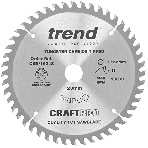Trend Holz Akku-Kreissägeblatt, 162mm Durchmesser, 20mm Bohrung, 48 Zähne, HW, 1,8mm Schnittbreite, +15° Haken, CSB/16248