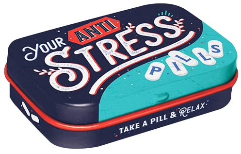 Nostalgic-Art Retro Pillendose, 4 x 6 x 1,6 cm, Anti Stress Pills – Geschenk-Idee für Nostalgie-Fans, mit Pfefferminz-Dragees, Vintage Design