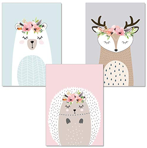 artpin® 3er-Set Poster Kinderzimmer Von Künstlerin, In Pastellfarben - A4 Wandbilder Für Mädchen Und Junge, Deko Im Skandinavischen Stil - Bear,Hirsch,Igel(P6)