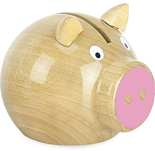 VILAC - Jeux et Jouets - Tirelire Cochon - Bois Naturel Vernis - Monnaie - Nez Rose - Rond - Rigolo - Jeu pour Enfants dès 5 ans - Fabriqué en France - 5129P