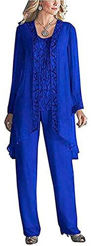 Women's 3 Pieces Chiffon Dress Mother of The Bride Pants Suits with Beaded Jacket Wedding Outfit Evening Gown Royal Blue UK10