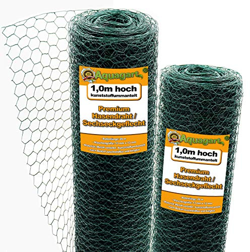 Aquagart Maschendrahtzaun 100m Sechseckgeflecht grün I Hühnerzaun Kaninchendraht Hasengitter feinmaschig 13 x 13 mm I 6-Eck Drahtgeflecht 0,8 mm I 100 cm hohe Hasendraht
