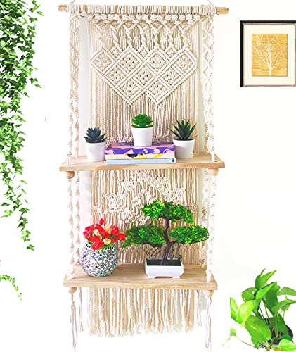 Induslyfe Makramee-Wandregal Stufe 2 für Zuhause, Wanddekoration, Boho-Wanddekoration, Pflanzenregal im Innenbereich, Boho-Dekor, schwebendes Regal, gewebtes Seil für Schlafzimmer, Badezimmer