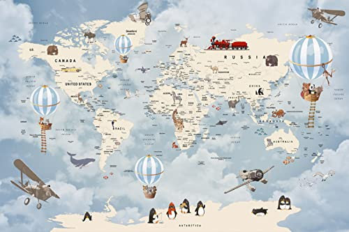 ManFototapete Papier Peint Intissé Cartes Du Monde Des Enfants De Dessin Animé Décoration Murale Poster Tableaux Muraux Tapisserie Photo Trompe L'Oeil Salon Chambre Art Mural 200(W)X140(H)Cm