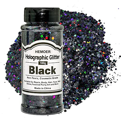 HEMOER Black Glitter, 100g/3.5oz Holographic Chunky Glitter Mixed Hexagon Chunky & Fine Flakes Iridescent Sequins for Epoxy Crafts, Resin, Nail Body, Tumblers, Halloween Party