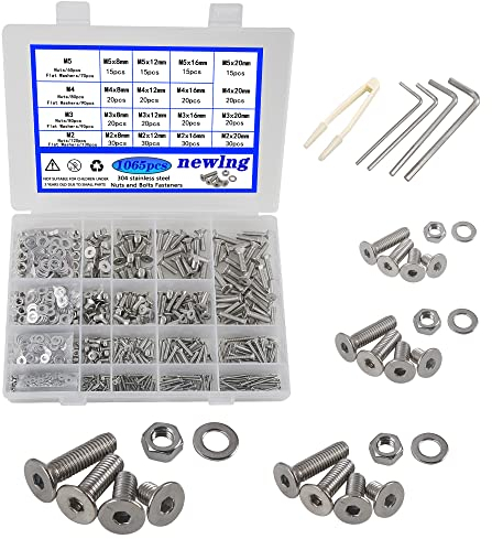 newlng 1065 Stück M2 M3 M4 M5 Schrauben Set Hex flach-Knopf Senkschrauben 304 Edelstahl Schrauben mit MutterUnterlegscheiben Set und Schraubenschlüssel für schrauben schrauben set