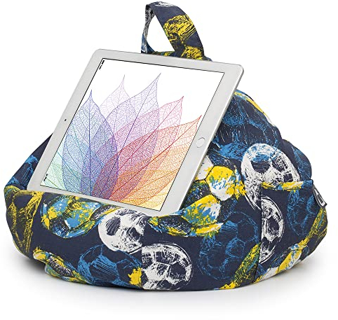 iBeani iPad and Tablet Cushion Stand - Bean Bag Holder For All Devices - Securely Holds at Any Angle on Any Surface - Handy Side Pocket - Range of Designs - Football