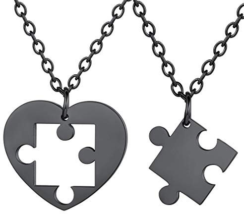 U7 Black Jigsaw Necklace Heart Pendant For 2 Pieces Couples Matching Necklaces Jewellery