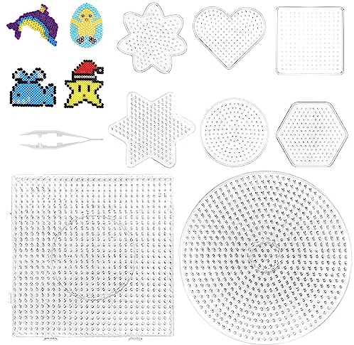 8 Stück Bügelperlen Steckplatte, Stiftplatte für Bügelperlen, Bügelperlen Platten, Steckperlen Platte Set, Groß Bügelperlen Vorlagen, Transparente Steckplatten mit 1 Weiße Pinzette (A)