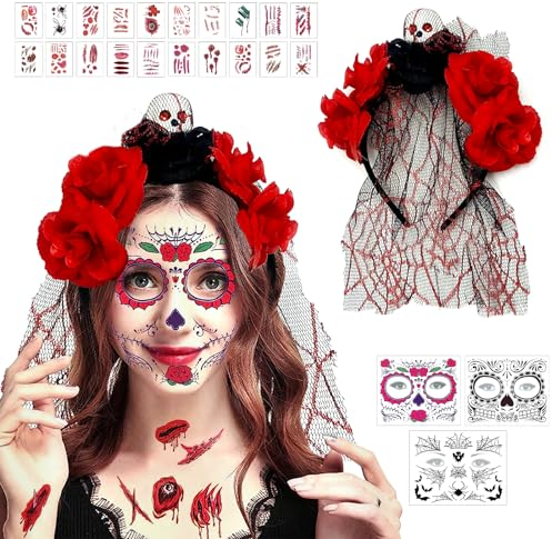 Tag der Toten Schleier, Tag der Toten Haarreif, Halloween Haarband, Halloween Kostüm, Mexikanische Stirnband mit Blumen und Schleier, 3 Gesichtstattoos und 20 Tattoos für Halloween Carnival Kostüm