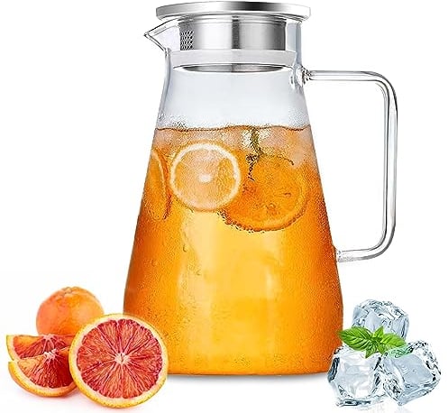 Nutabevrd 2.3 Liter Glaskrug Wasserkaraffe mit Edelstahl Deckel,Griffen, Filter,Heiße und kalte Glas Karaffe, Leicht zu reinigender wasserkrug,für hausgemachte Getränke/Kaffee/Milch/Eistee/Wein/Saft