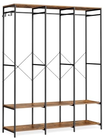 SONGMICS Armario de Ropa Portátil, Armario Plegable, Perchero, Organizador Armario, con Barras de Colgar, Estantes de Almacenamiento, Ganchos Extraíbles, 40 x 141 x 180 cm, Marrón Rústico RGR005B01